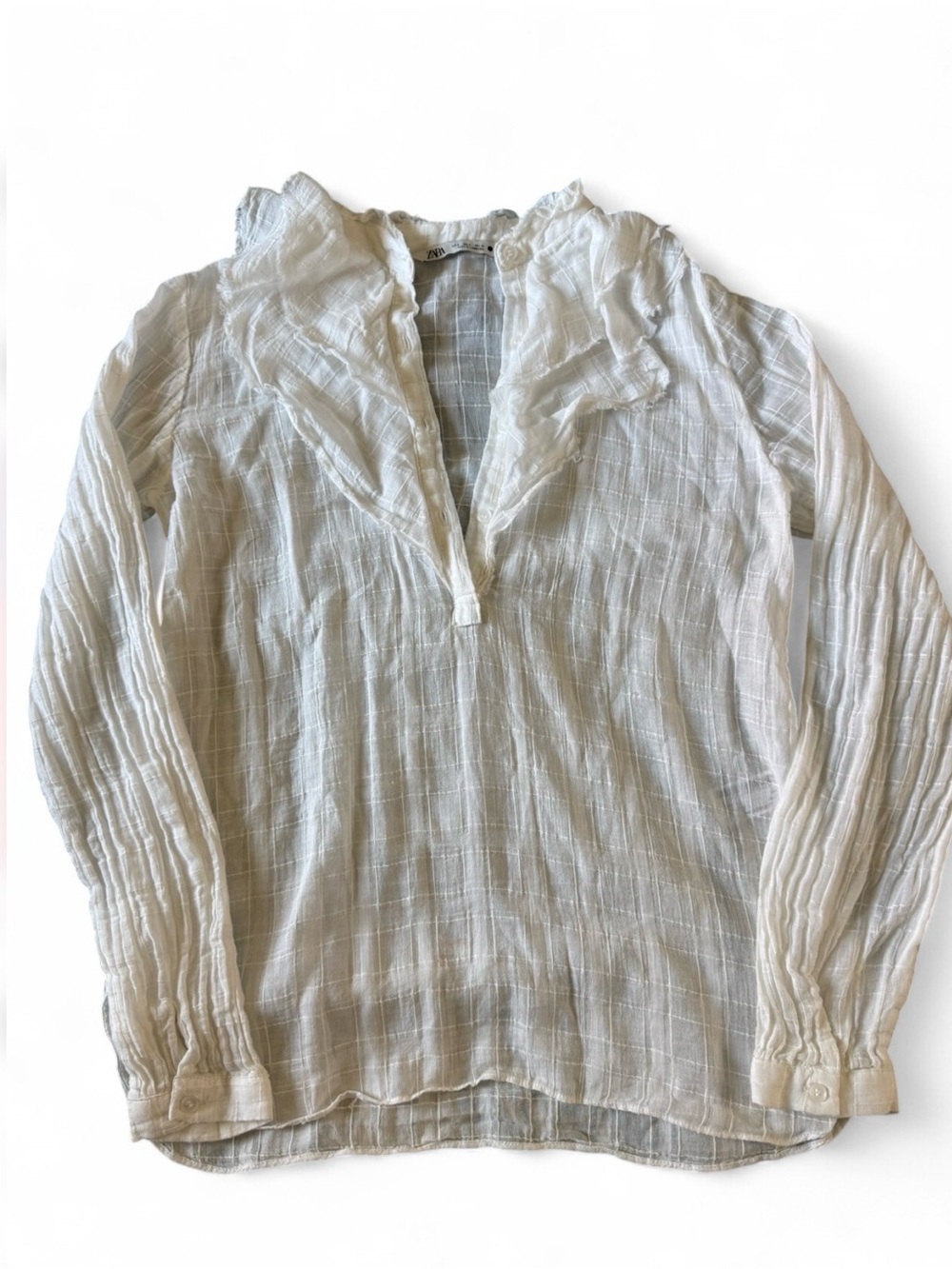 Zara Women's White Ruffled Detail Long Sleeve Top